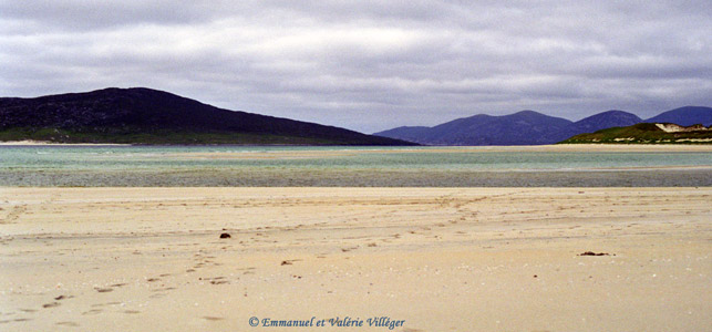 Plage de Seilebost à marée basse, vue sur les dunes de Losgaintir et sur Taransay